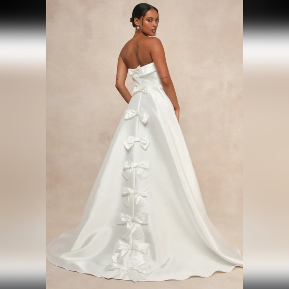 LuLus Your Beloved White Taffeta Bow Strapless A-Line Gown Bridal Size Small